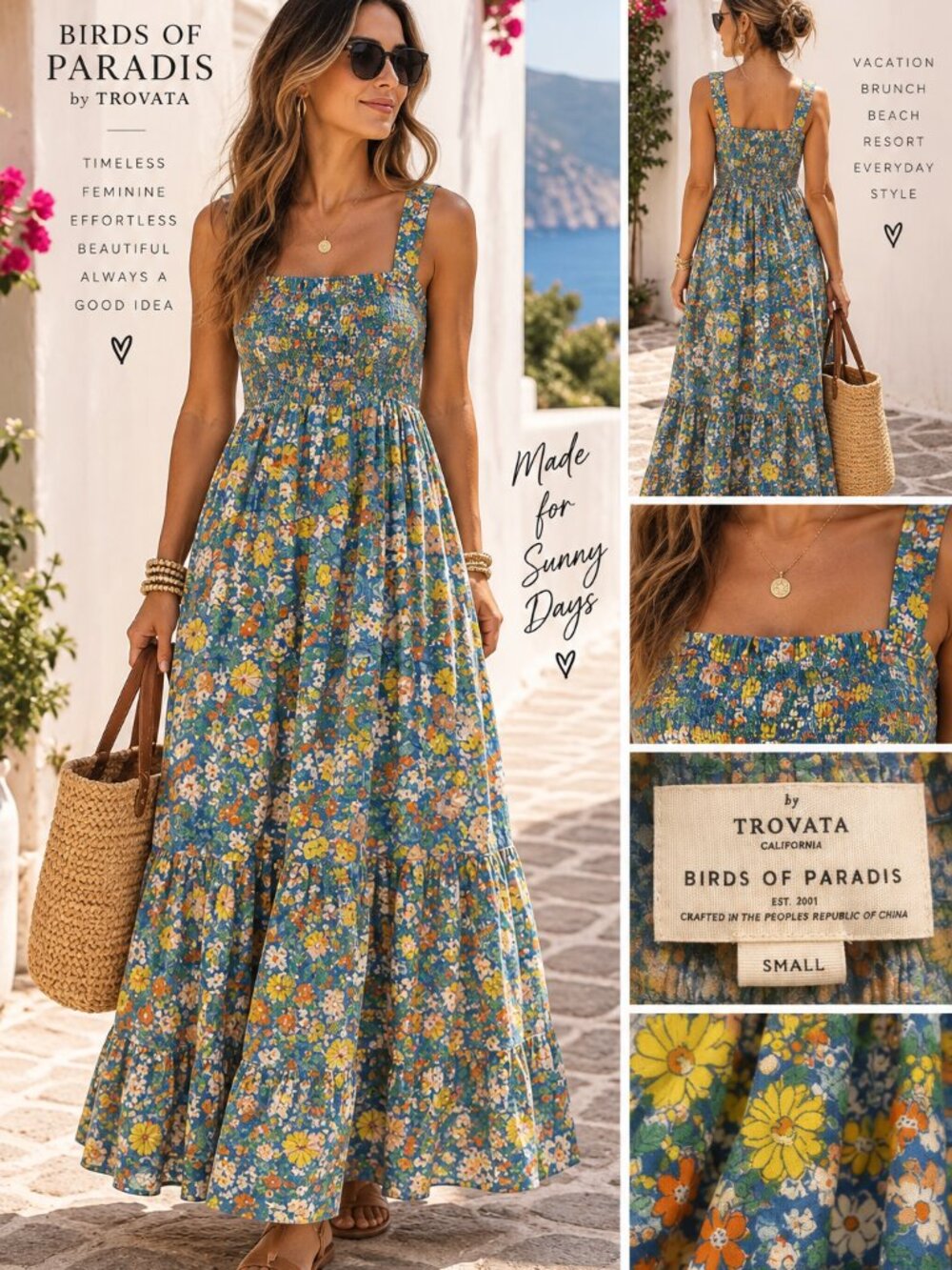 Trovata Birds of Paradis Dress S Floral Cotton Smocked Maxi Tiered Boho